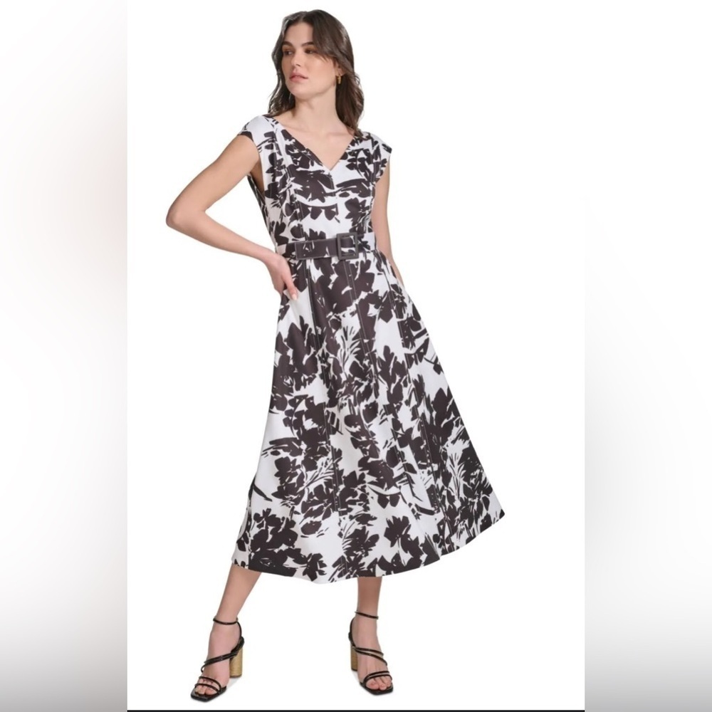 NWT Calvin Klein Women’s Printed A-Line Belted Midi Dress Black & White Sz 2